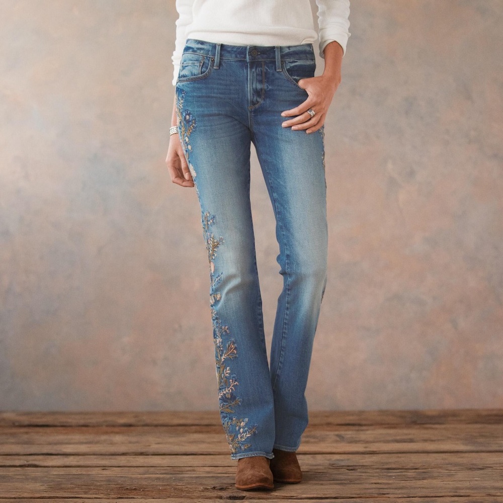 DRIFTWOOD Blue Boot Cut Jeans with Embroidered Floral Side - Picture 4 of 6